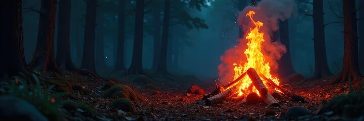 Eerie Autumn Night Crackling Bonfire Illuminates Shadowy Forest, Whispering Untold Secrets