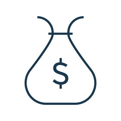 Simple dark blue outline of a money bag with a dollar sign inside on a white background