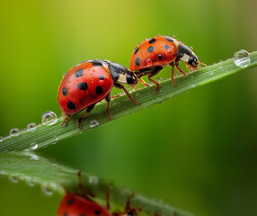 Obraz premium A photo of two ladybugs on the edge of water droplets, with green grass in the background, ladybug, insect,