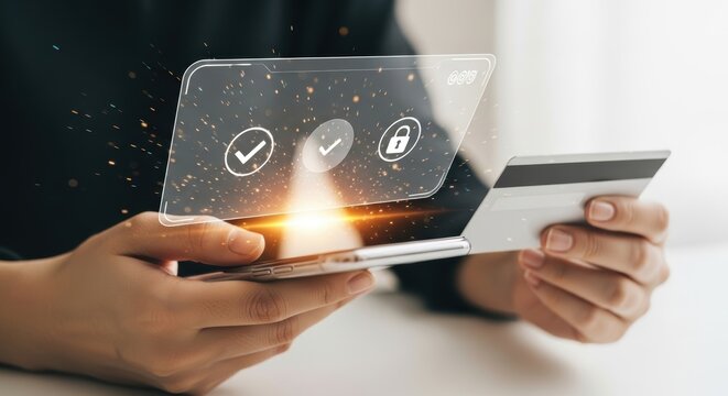 User completing a secure mobile banking transaction with a credit card, showing successful two-factor authentication on a futuristic holographic interface for data protection - Powered by Adobe