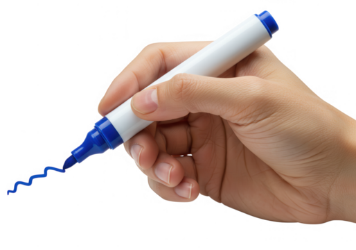 Hand holding blue marker drawing wavy line isolated on transparent background