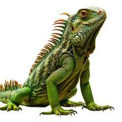 Obraz premium Detail rich close up of a vibrant green iguana with textured scales spiny crest and intense orange eyes showcasing reptilian resilience