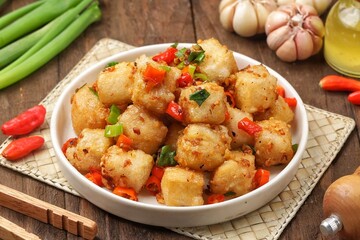 Tahu Cabe Garam. Salted chili tofu is a simple dish made from tofu that is cut and then added with flour and spices