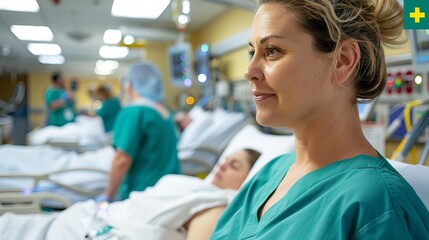 A focused Caucasian woman in scrubs observes patients in a busy hospital setting, embodying care and compassion.
