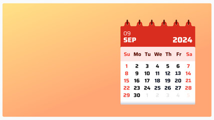Flat monthly layout for September 2024. Orange calendar landscape. September 2024 calendar. 2024 Weekend begins sunday. Design template for online post use. Vector illustration.

