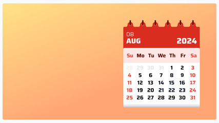 Monthly date grid August 2024. Orange calendar landscape. August 2024 calendar. 2024 Weekend on sunday. Template design for flyer or social post. Illustration vector format.