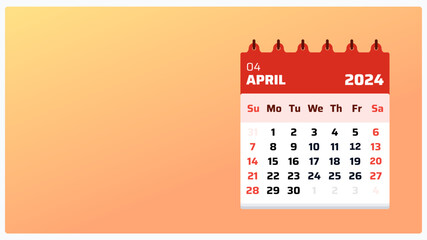 Monthly planner view April 2024. Orange calendar landscape. April 2024 calendar. 2024 Weekend starts on sunday. Flat layout design for digital post or flyer. Vector illustration.

