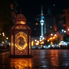 Ornate lantern illuminated at night, showcasing city lights