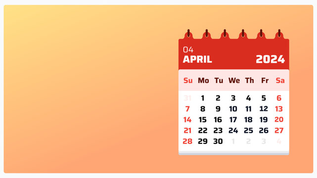 Monthly planner view April 2024. Orange calendar landscape. April 2024 calendar. 2024 Weekend starts on sunday. Flat layout design for digital post or flyer. Vector illustration.

