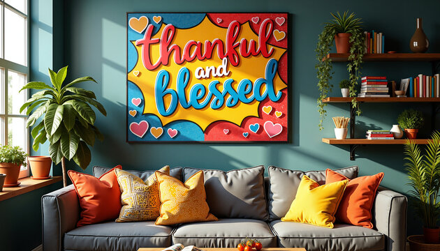 Interior living room with colorful artwork saying thankful and blessed  