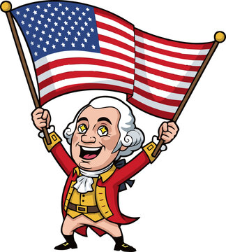 Cheerful Cartoon Patriot Waving American Flags with Sparkling Eyes and Enthusiasm.