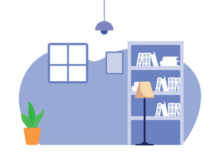 Vector illustration, abstract minimalism interior background, apartment, living room, lamp, couch, shelf, plant