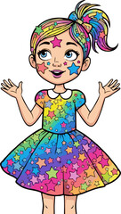 Cheerful Girl Adorned with Colorful Stars, Smiling and Reaching Out