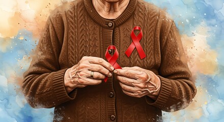 Elderly person holding red awareness ribbons representing aids and hiv support