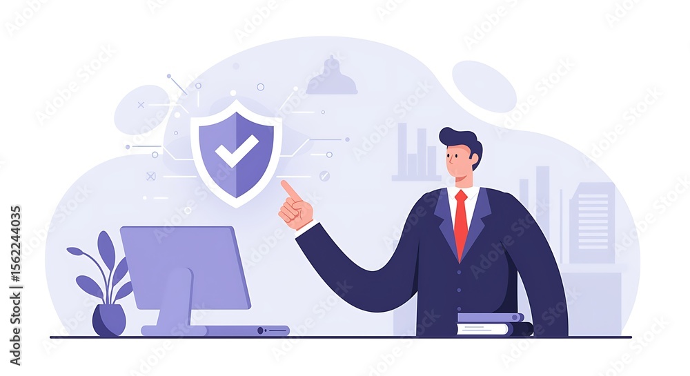 Poster businessman pointing at digital data security shield with computer and plant on a desk