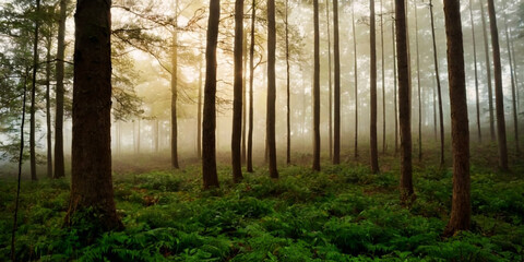 Obraz premium Sunlight streams through a misty forest, illuminating tall trees and a carpet of vibrant green ferns