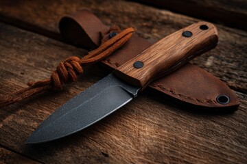 Knife with Sheath on Wooden Surface