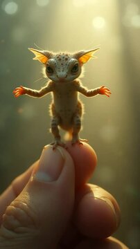 An enchanting small being with expressive eyes perches gently on a finger under a soft glow.