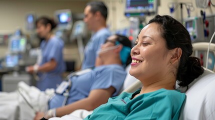 Female Asian patient smiles peacefully in a hospital setting, attended by healthcare professionals focused on their tasks.