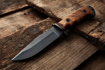 Knife with Wood Handle on Rustic Wood Surface