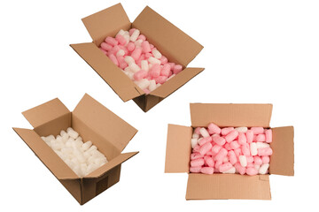 Cardboard box and white filling material in it isolated on a white background.