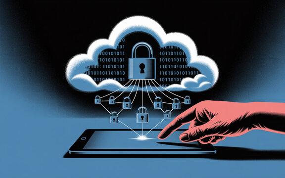 Secure cloud computing with digital padlock locks showing data protection with a hand interacting concept of technology - Powered by Adobe