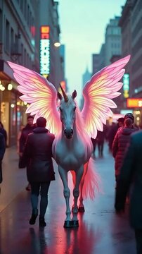 An enchanting winged unicorn with luminous pink wings gracefully navigates a bustling urban street.