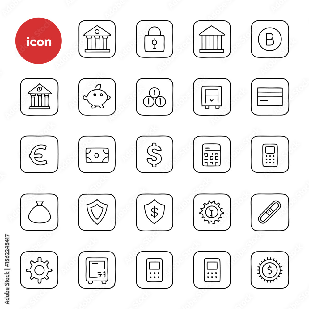 Poster collection of hand drawn financial and banking icons in a grid layout featuring currency symbols sec