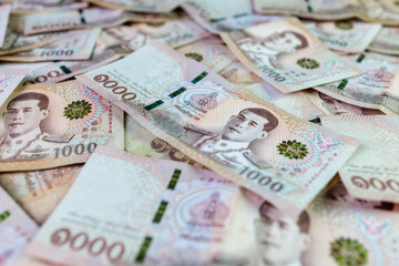money banknote thai baht for background, pile of one thousand thai baht banknotes, savings money and financial business concept