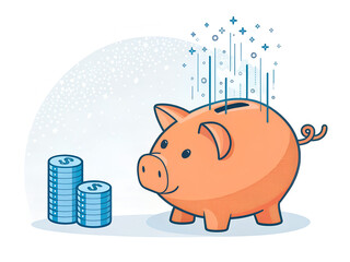 A piggy bank with coins and digital symbols representing saving money