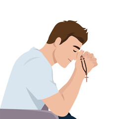 Man Deep in Prayer with Rosary Beads. Flat vector illustration isolated on white background