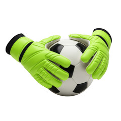 Bright green goalkeeper gloves securely holding a classic soccer ball isolated on transparent background