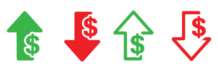 Dollar currency arrow icons depict increase and decrease on a bright white background, perfect for presentations on finance.