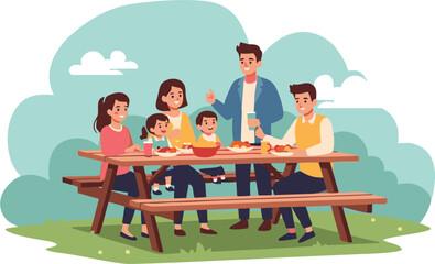 Happy Family Picnic: Joyful Outdoor Meal at Wooden Table