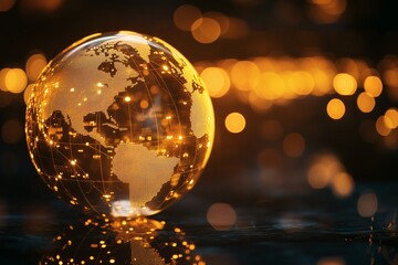 Globe Illuminated: A radiant representation of global connections. Points of light symbolize networks across continents and oceans.