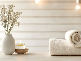 Elegant White Vase with Flowers and Towel
