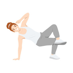 Woman performs a dynamic dance move, balancing on one hand with style and confidence. Flat vector illustration isolated on white background