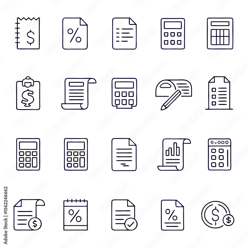Poster a collection of simple hand drawn outline icons representing financial concepts like receipts calcul