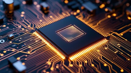 Close-up of an AI neural processor chip embedded on a motherboard, surrounded by microtransistor