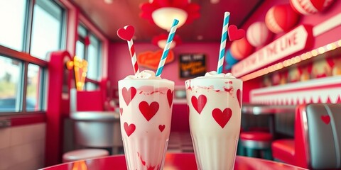 Two straws in one milkshake, hearts, retro diner, Valentine's Day,  hearts,  delicious