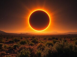An annular solar eclipse at night over a desert landscape