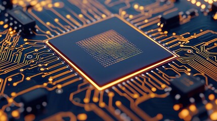Close-up of an AI neural processor chip embedded on a motherboard, surrounded by microtransistor