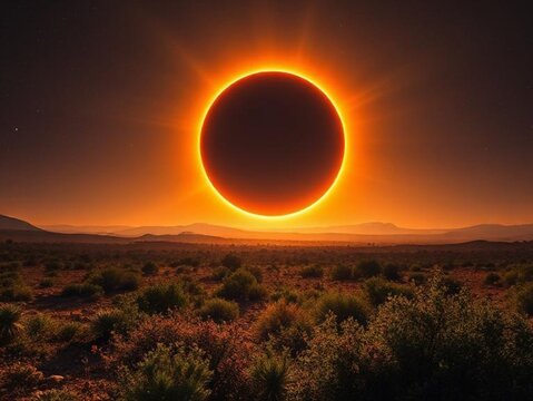 An annular solar eclipse at night over a desert landscape