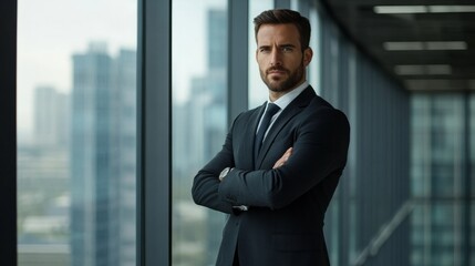 Fototapeta premium Corporate man in a dark suit, arms crossed, standing confidently in a skyscraper office, leadership power shot generative ai