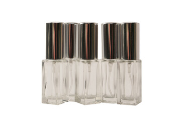 Perfume automiser, perfume transparent glass bottle isolated on white background.