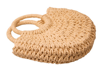 A beige straw bag isolated on a white background.