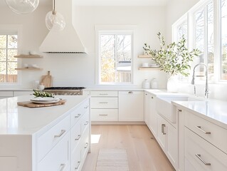 Modern Minimalist Kitchen Interior with White Cabinets and Countertops