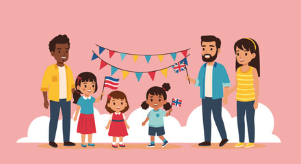 Multicultural Family Celebrates with Flags and Bunting