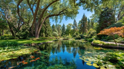 Obraz premium Serene park pond, lush trees, vibrant flowers