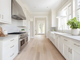 Fototapeta premium Modern Minimalist Kitchen with White Cabinets and Wood Floors